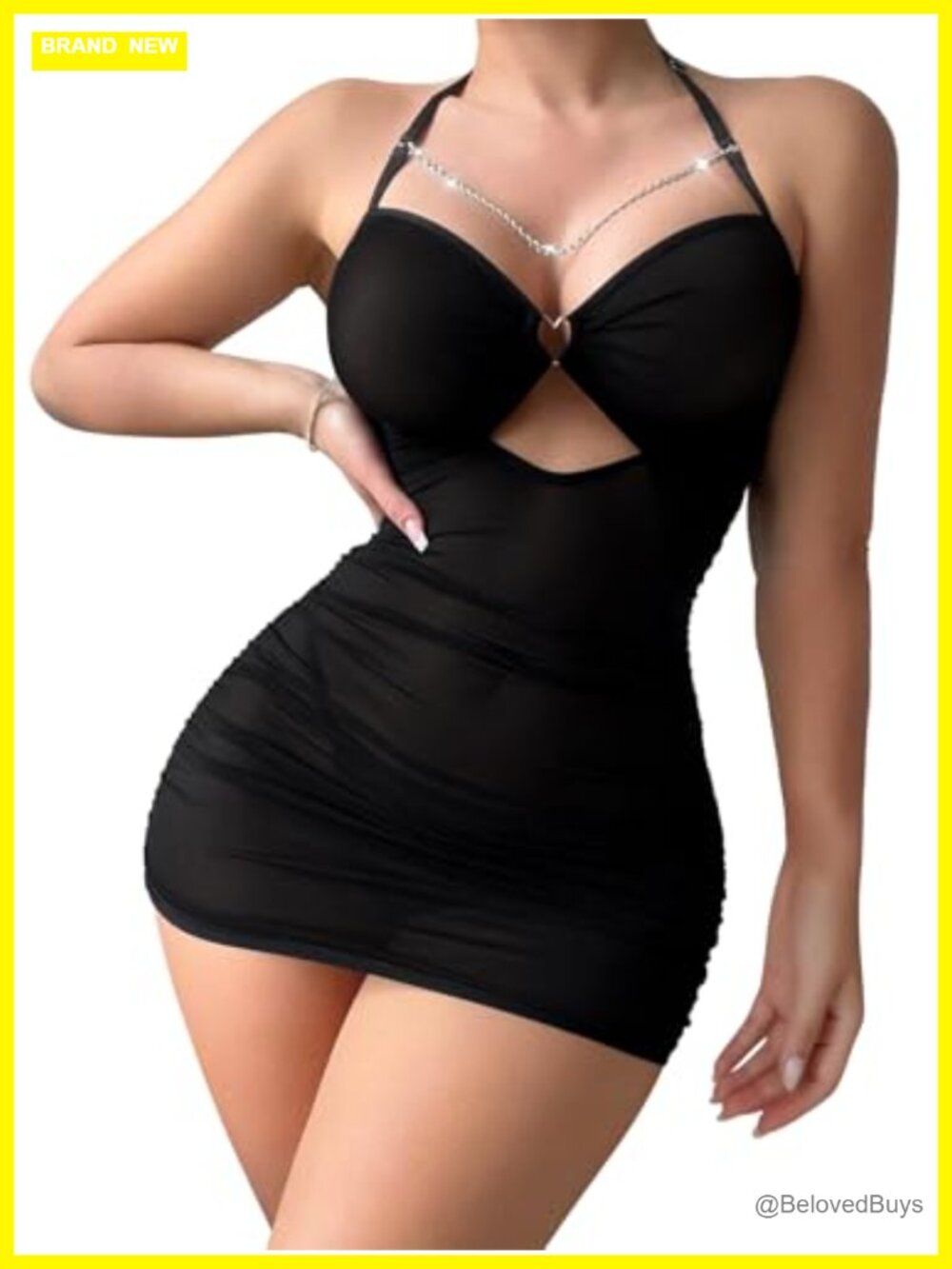 Foxiny Ruched Bodycon Halter Dress Backless Rhinestone See-Through